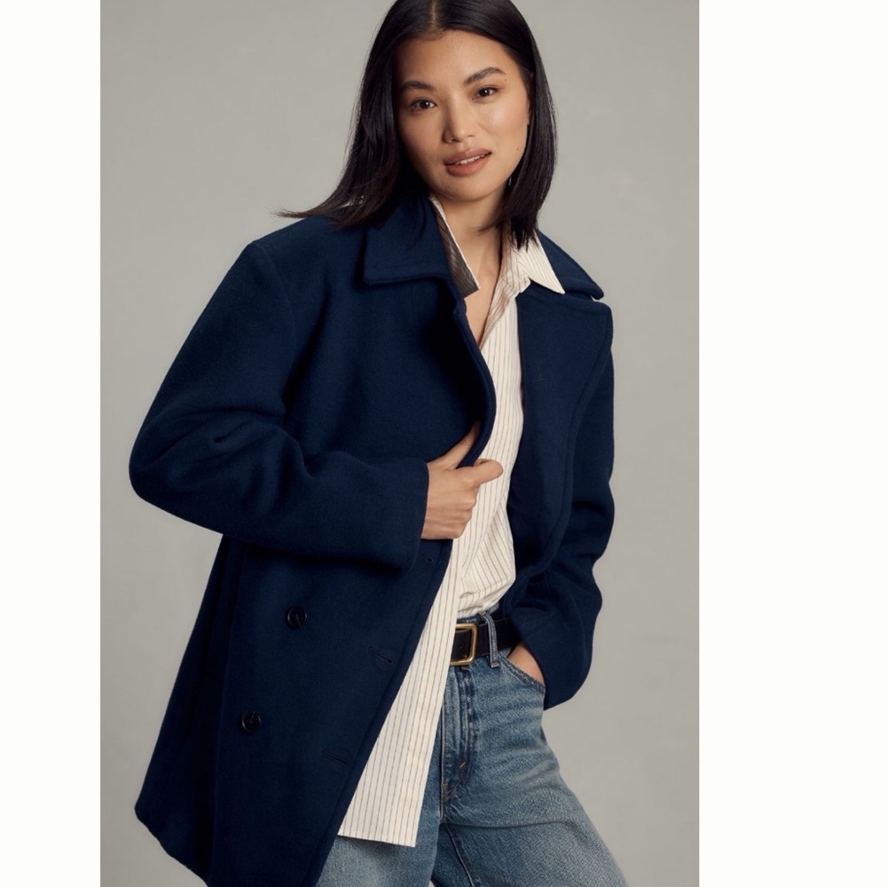 NWT Anthropologie Maeve Double-Breasted Oversized Wool-Blend Coat in Navy Blue - Picture 3 of 13